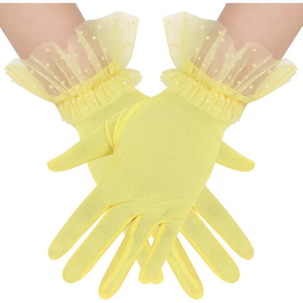 Women's Short Lace Yellow Tulle Sheer Mesh Tea Party Prom Gloves Banquet Costume